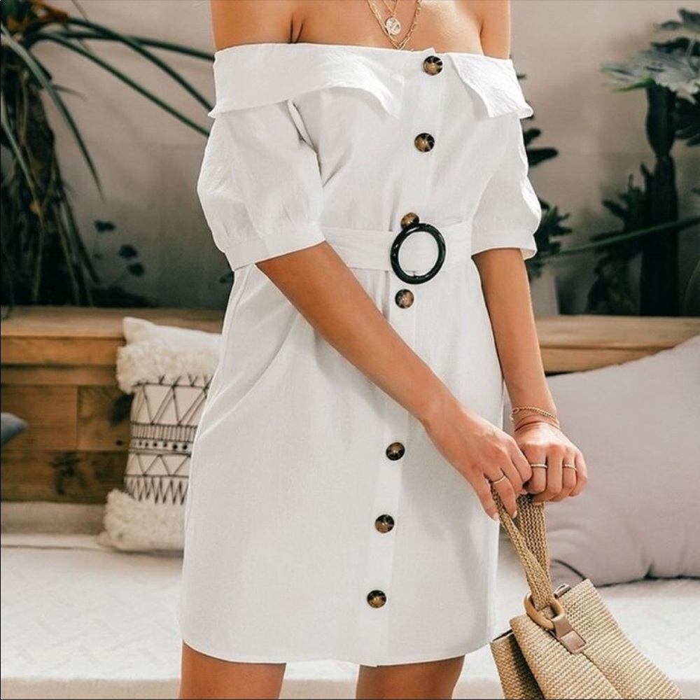 Off-The-Shoulder White Bodycon Mini Dress - Picture 1 of 7
